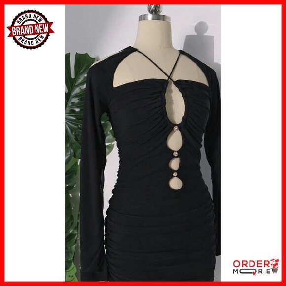 Sexy Hollow Out Bodycon Mini Dress Long Sleeve Mesh Club Night Out - Picture 6 of 8